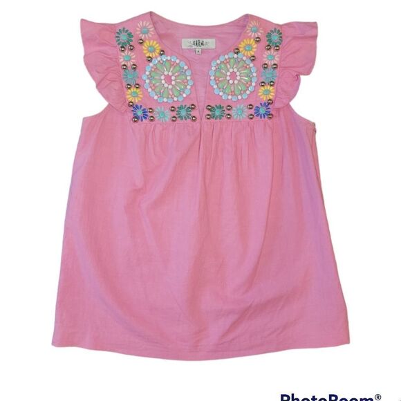 Tibi Flutter Sleeve Beaded Embroidered Linen Cotton Mexican Style Top Pink 4 - Picture 4 of 11